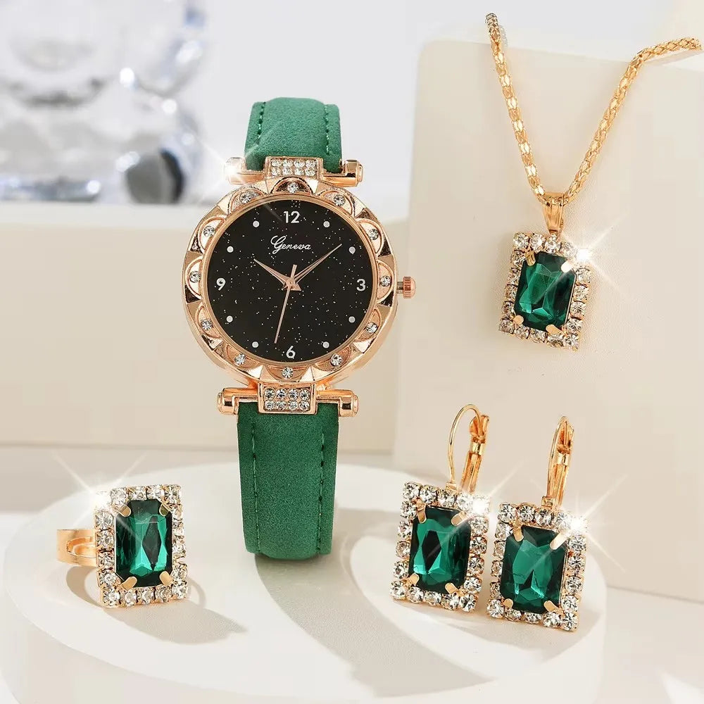 Komplettes Glamour-Set: Uhr, Halskette, Ohrringe, Ring + Armbänder