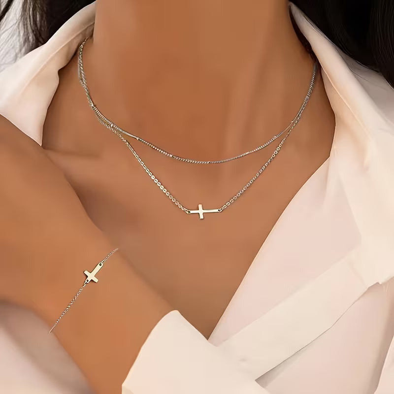 3-teiliges Kreuz-Halsketten- und Armband-Set