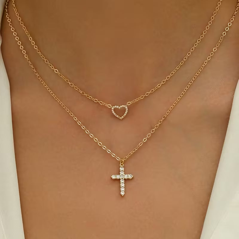 Vintage Kreuz-Halskette mit doppelter Lage