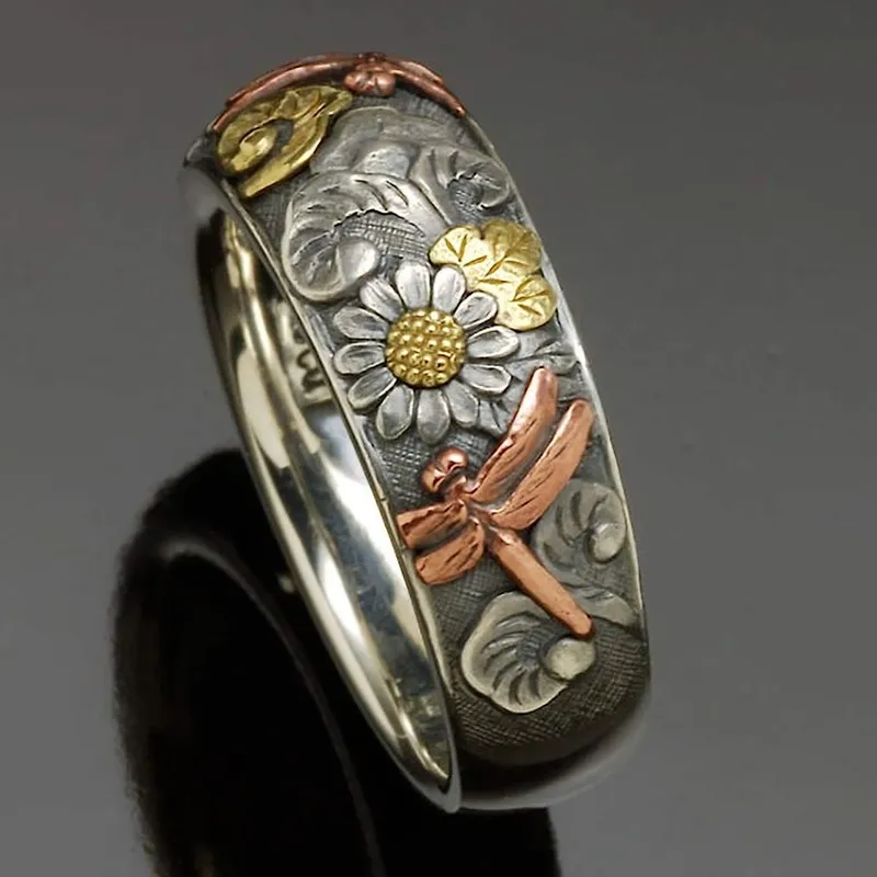 Vintage Sonnenblume Libellen Ring