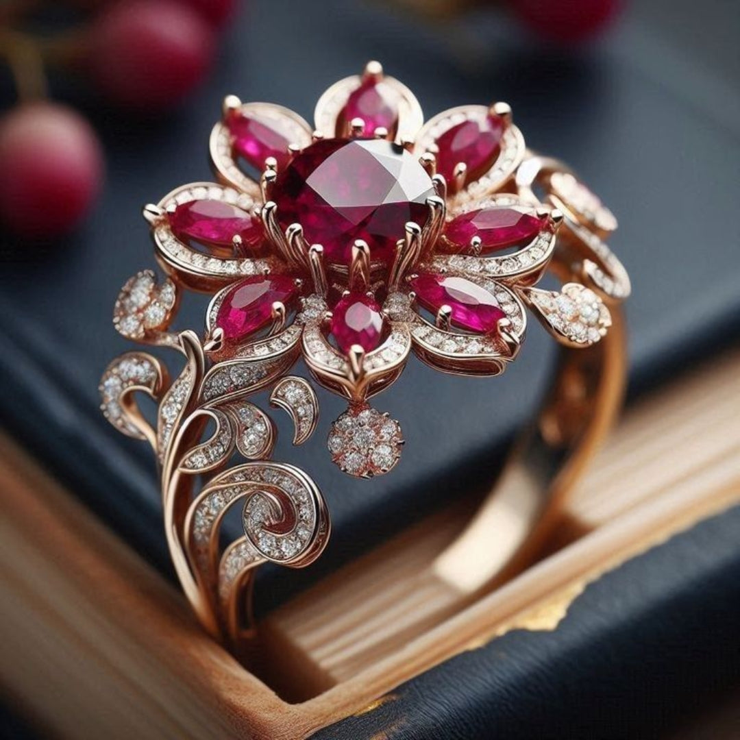 Exotischer Rote Blume Gold Ring