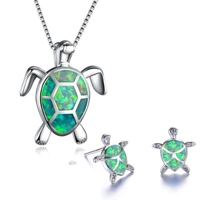 Set Halskette + Ohrringe mit Meeresschildkröten-Anhänger aus Opal und Silber