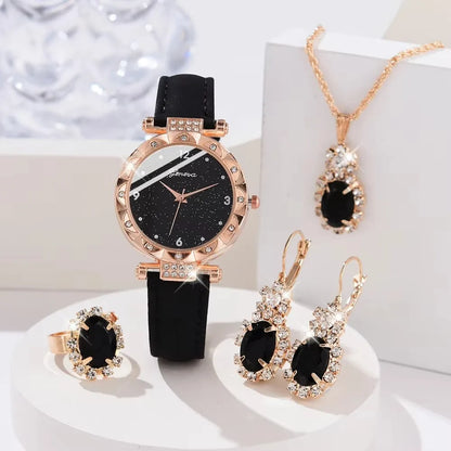 Komplettes Glamour-Set: Uhr, Halskette, Ohrringe, Ring + Armbänder