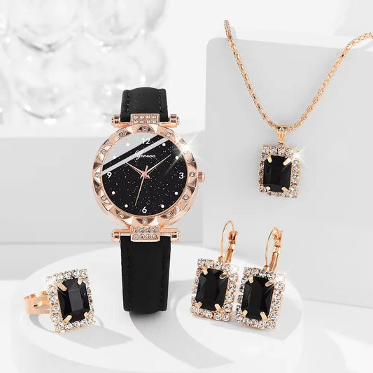 Komplettes Glamour-Set: Uhr, Halskette, Ohrringe, Ring + Armbänder