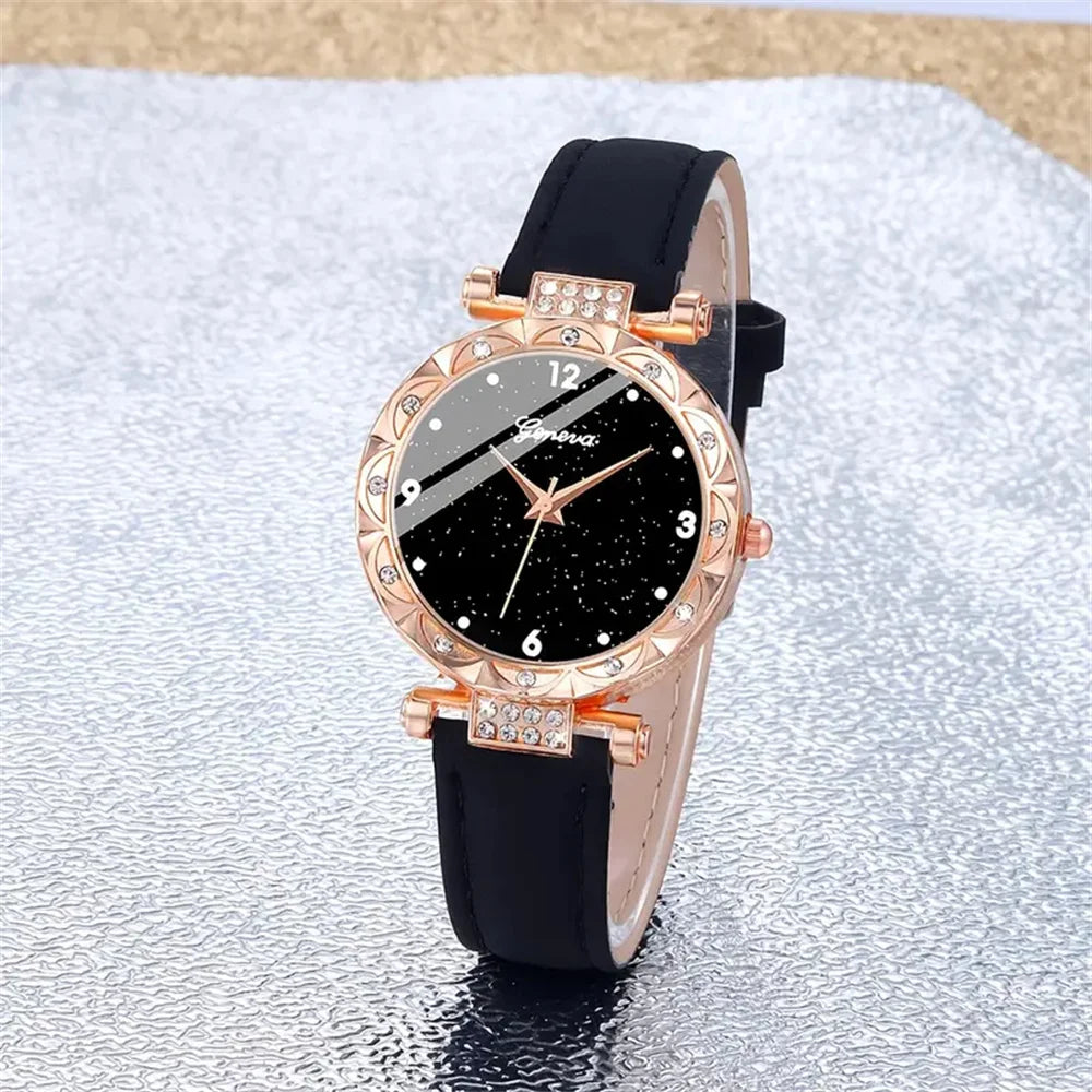 Komplettes Glamour-Set: Uhr, Halskette, Ohrringe, Ring + Armbänder