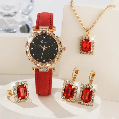 Komplettes Glamour-Set: Uhr, Halskette, Ohrringe, Ring + Armbänder