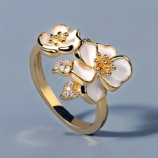 Vintage Weiße Emaille Blume Gold Ring