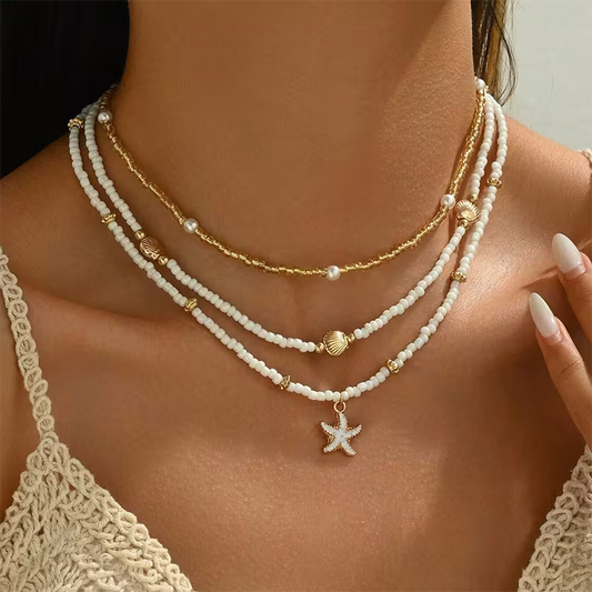 Boho 3-teiliges Halsketten-Set mit Muschel und Seestern