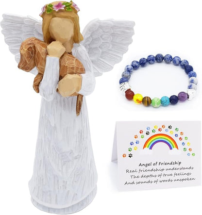 Hund Gedenkset mit Engel der Freundschaft Figur & Regenbogenbrücke Chakra Armband