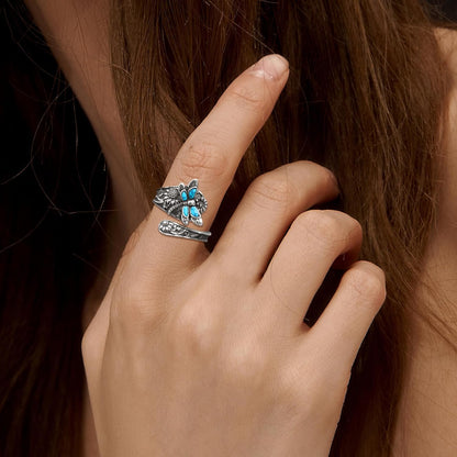 Vintage Boho Löffelring in Sterlingsilber mit Türkis und Libelle