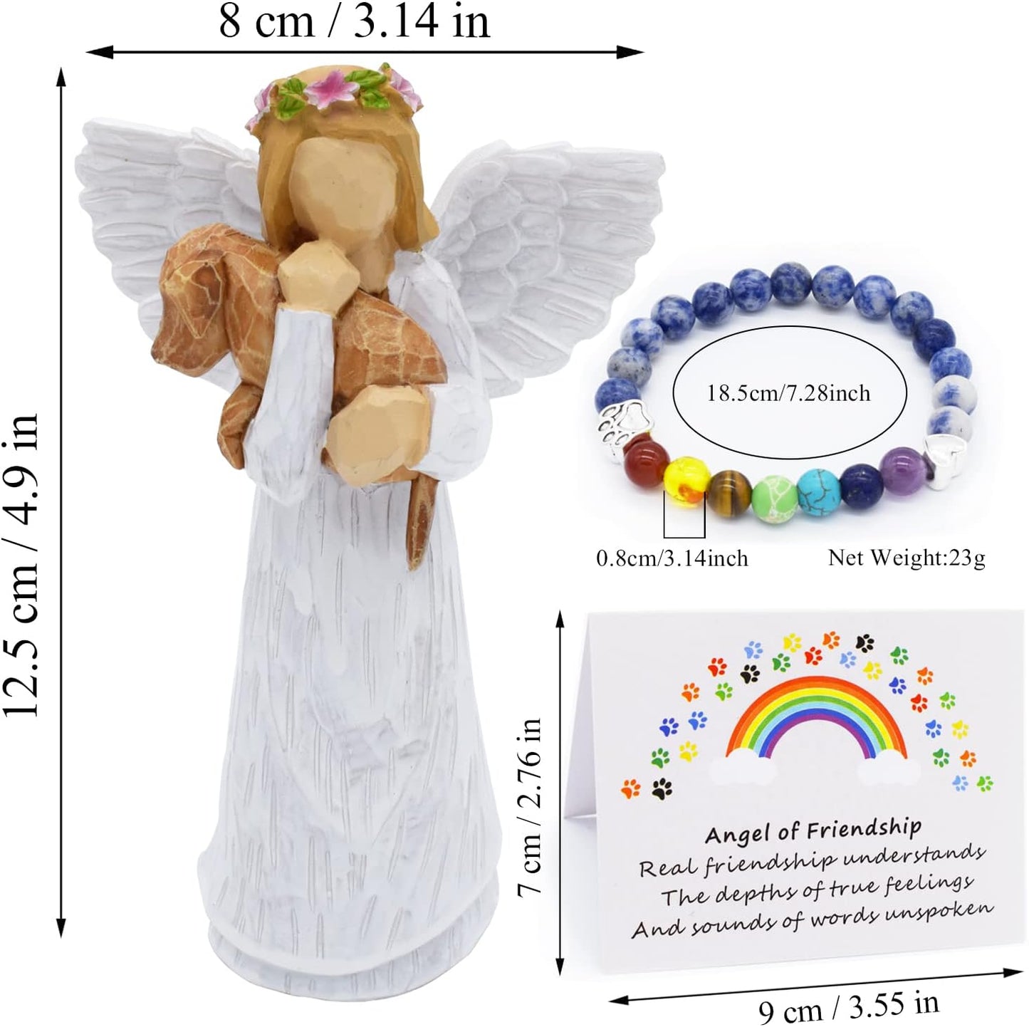 Hund Gedenkset mit Engel der Freundschaft Figur & Regenbogenbrücke Chakra Armband