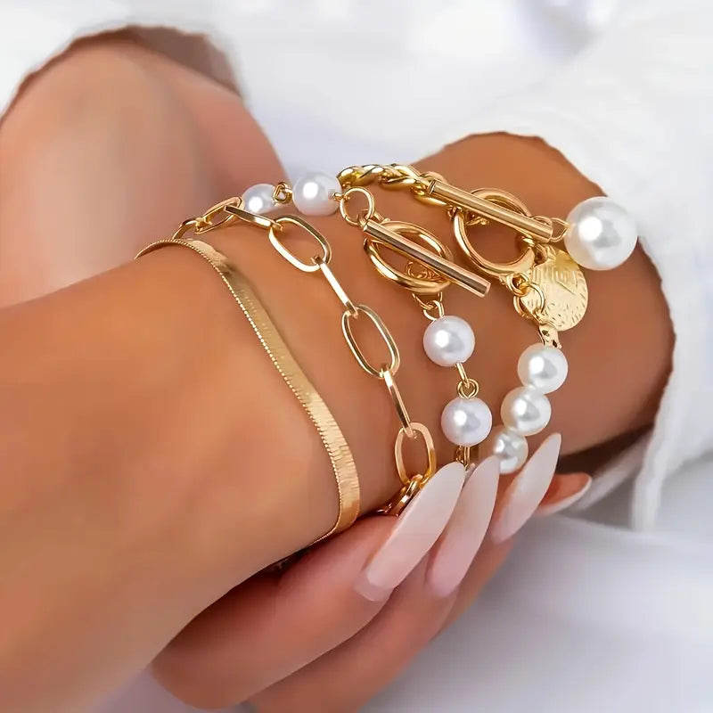 Armband-Set Chic Gold 4-teilig - Schlange, Perlen und Glieder | Gold