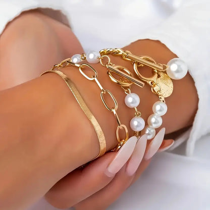 Armband-Set Chic Gold 4-teilig - Schlange, Perlen und Glieder | Gold