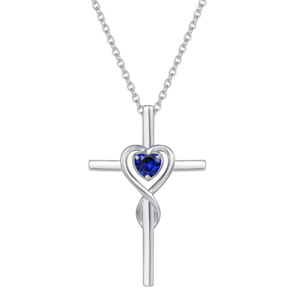 Saphir Herzstein Kreuz Halskette | Weißgold