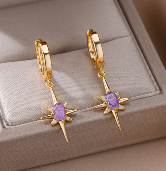 Reifen Ohrringe mit Nordstern Anhänger in Amethyst in 18K Gold Plating