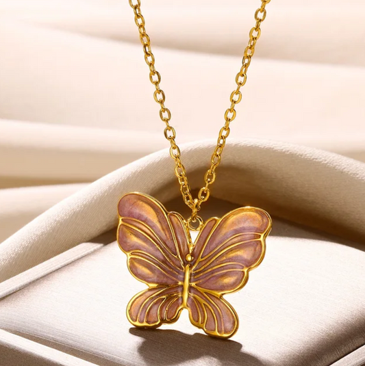 Rosa Emaille Schmetterling Halskette in 18K Gold Plating