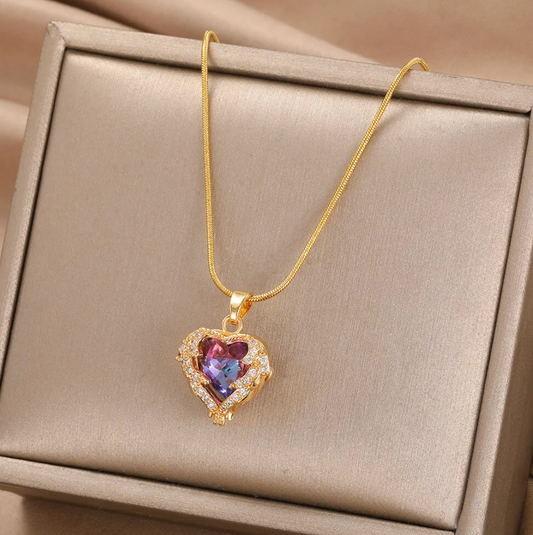 18K Gold Plated Halskette mit Violettem Herz und Strass