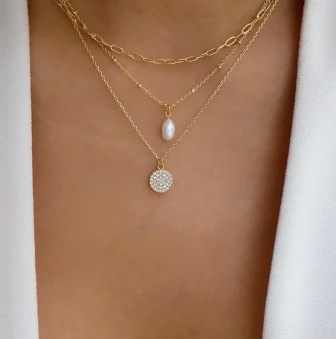 18 Karat vergoldete dreifache Halskette mit Kette, Perle und Kreis