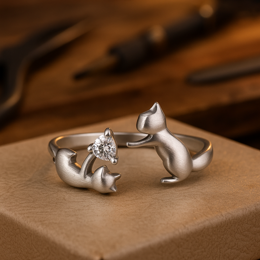 Verspielter verstellbarer Katzen Ring in Sterlingsilber mit Zirkonia