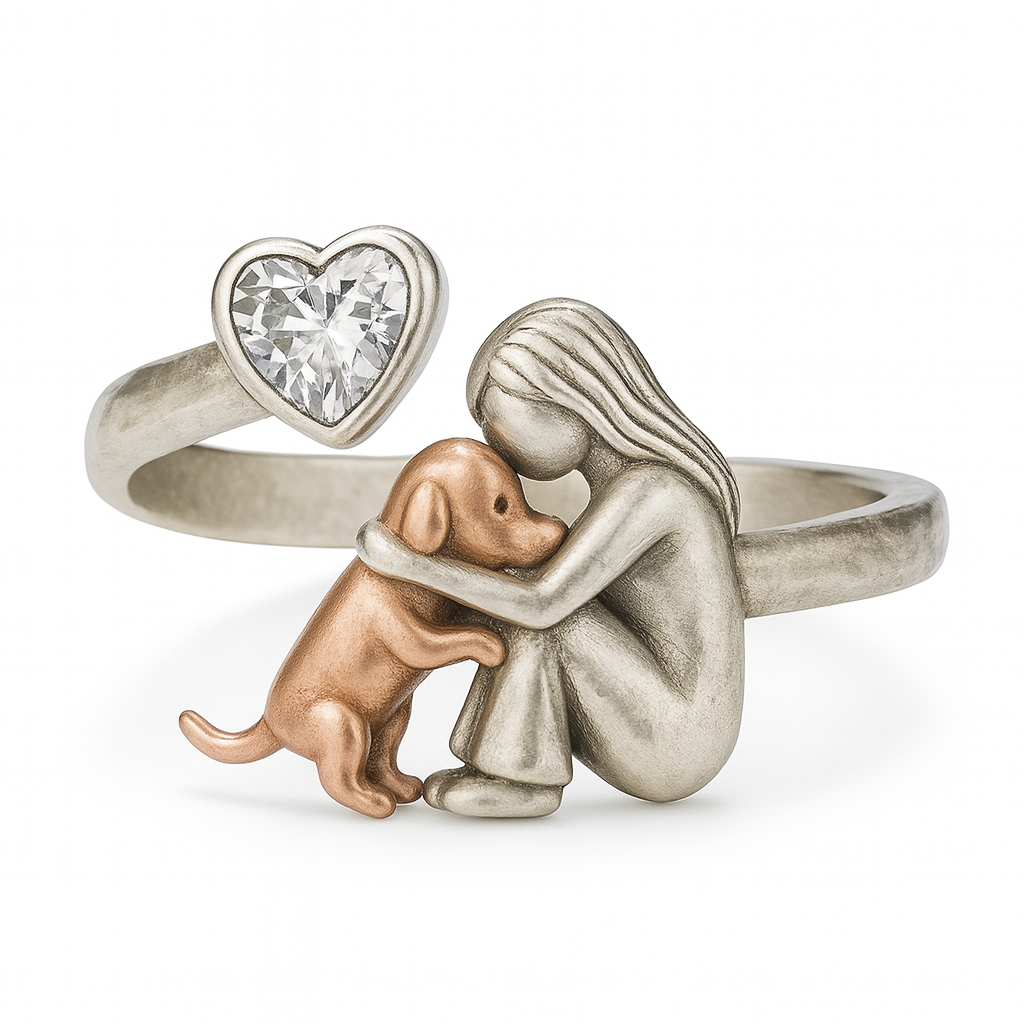 Handgefertigter Hund Ring in 925 Sterlingsilber mit herzförmiger Zirkonia