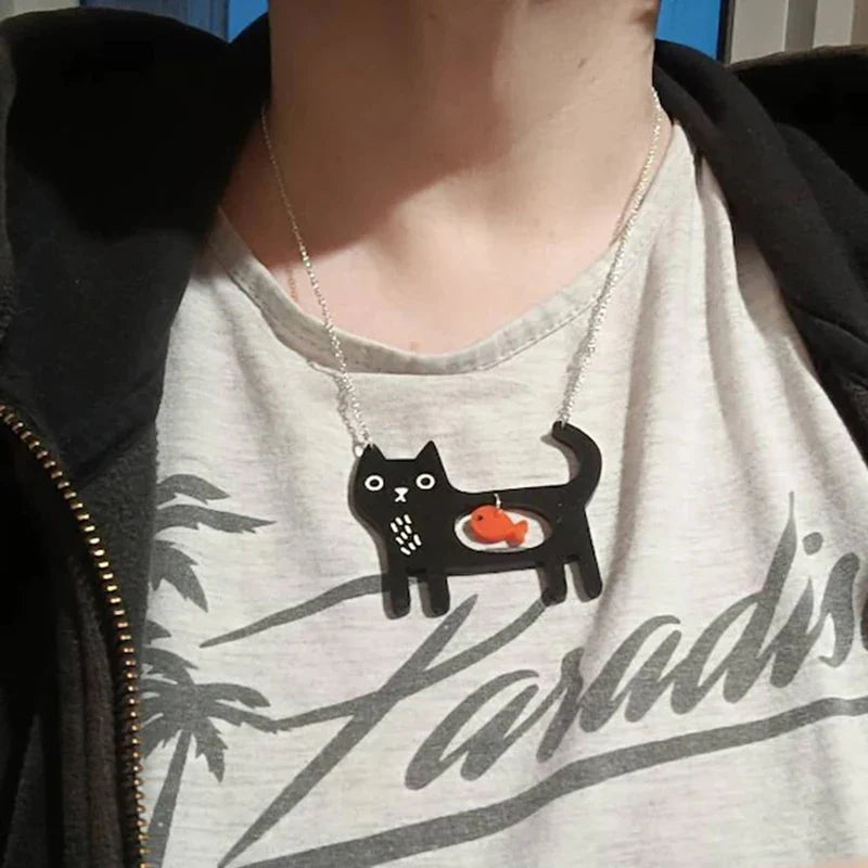 Verspielte Katze und Fisch Acryl Anhänger Halskette