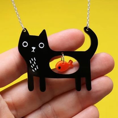 Verspielte Katze und Fisch Acryl Anhänger Halskette