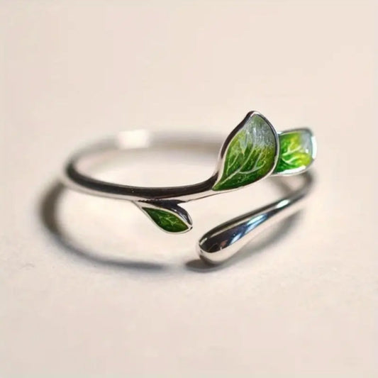 Verstellbarer Grüner Emaille Blatt Ring