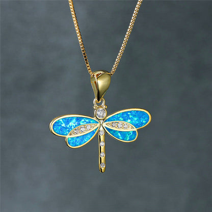 Libellen Halskette in Gold mit Opal