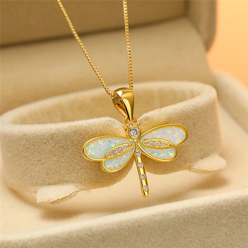 Libellen Halskette in Gold mit Opal