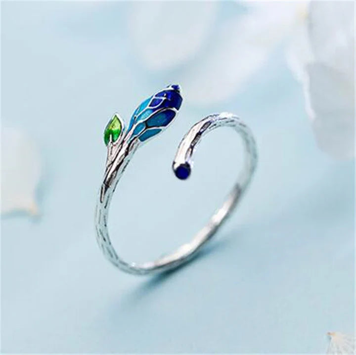 Verstellbarer Blatt Ring mit Blauem Emaille in Silber