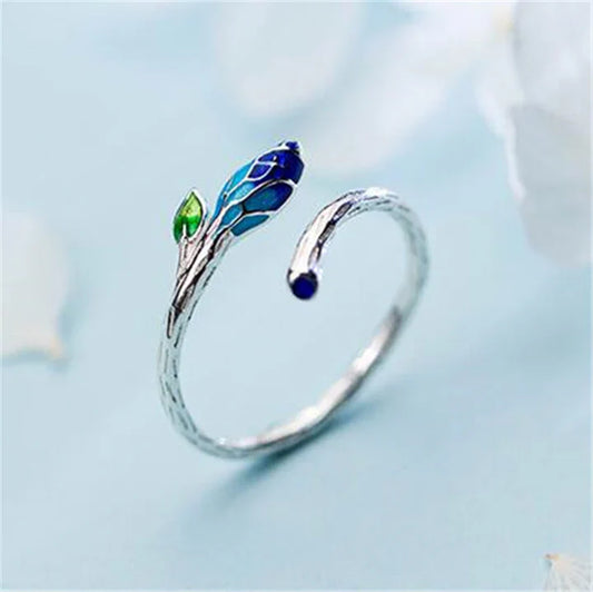 Verstellbarer Blatt Ring mit Blauem Emaille in Silber