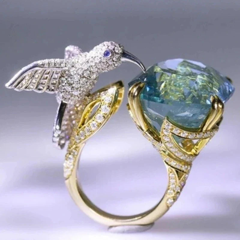 Verstellbarer Aquamarin-farbener Kolibri Ring