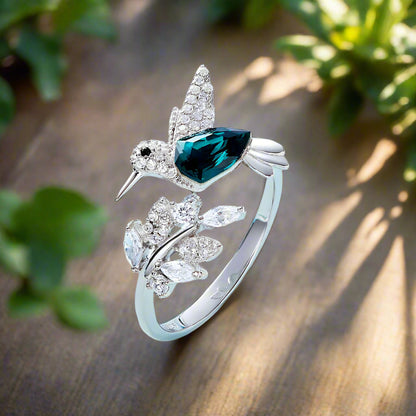 Verstellbarer Kolibri Glitzer Ring mit Strass Diamant