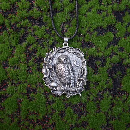 Mystische Eule Mond Pilz Anhänger Halskette