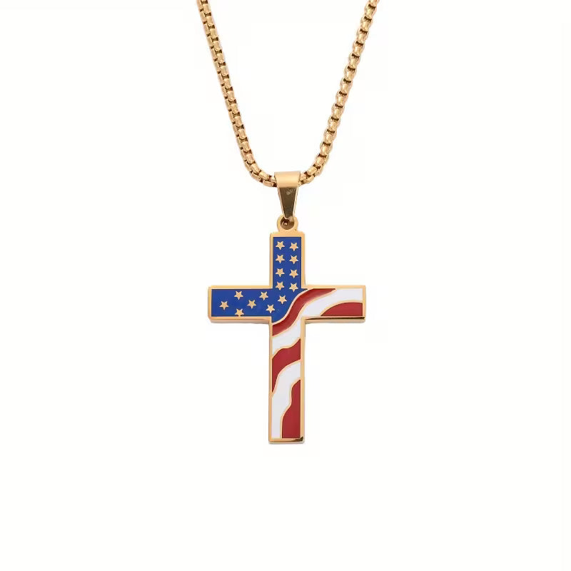 Kreuz-Anhänger-Halskette mit Amerika-Flagge