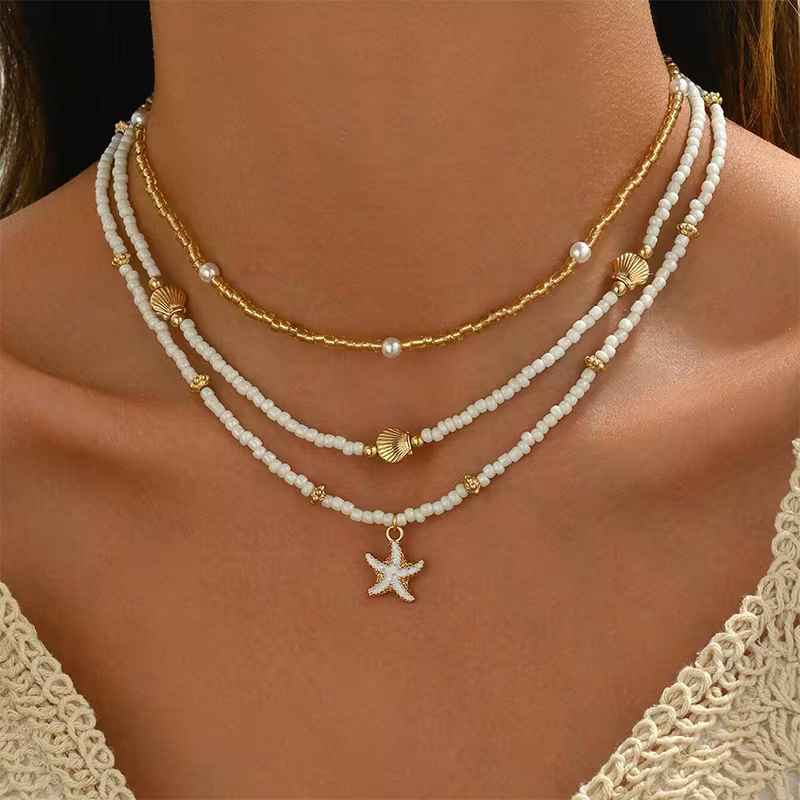 Boho 3-teiliges Halsketten-Set mit Muschel und Seestern