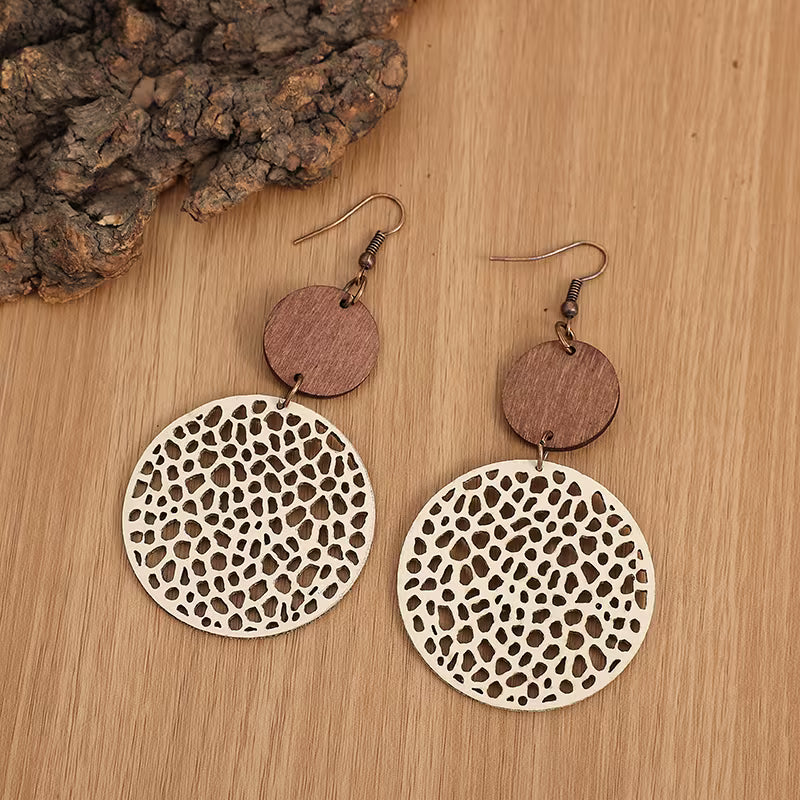 Retro Boho Holz- und Lederohrringe