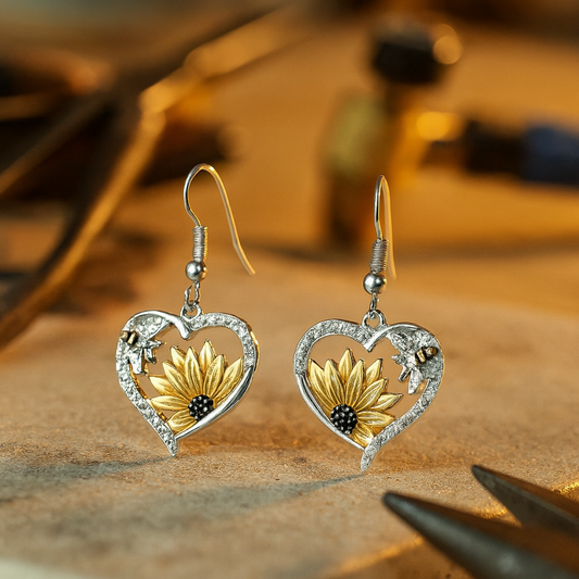 Vintage Boho Sonnenblume und Biene Herz Ohrringe