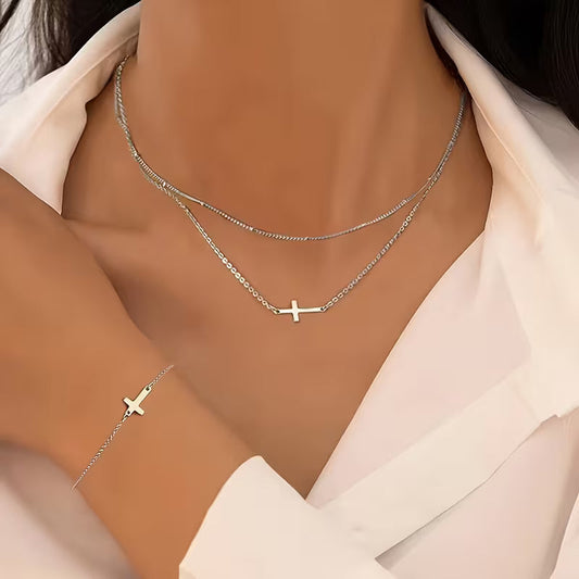3-teiliges Kreuz-Halsketten- und Armband-Set