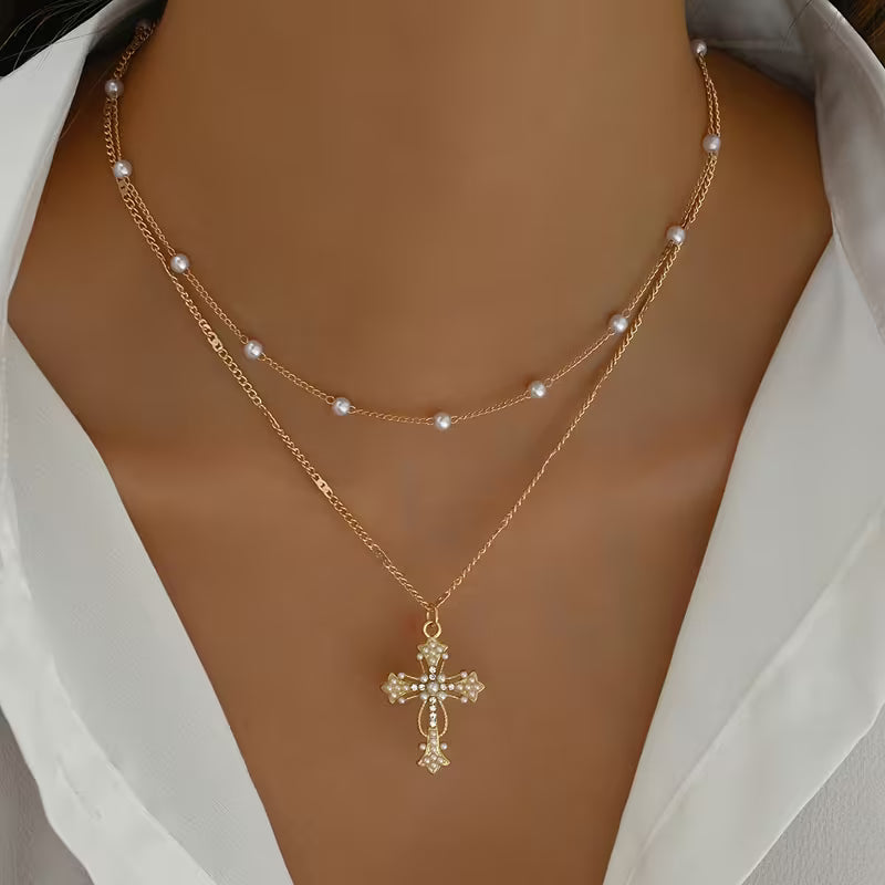 Mehrlagige Kreuz-Anhänger-Halskette