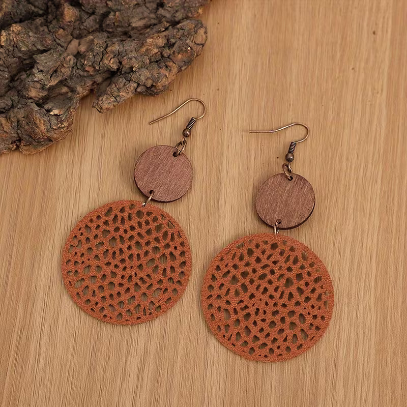 Retro Boho Holz- und Lederohrringe