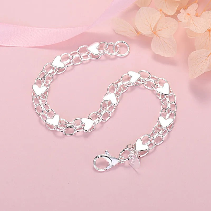 925 Silber Armband mit Kette und Herzen