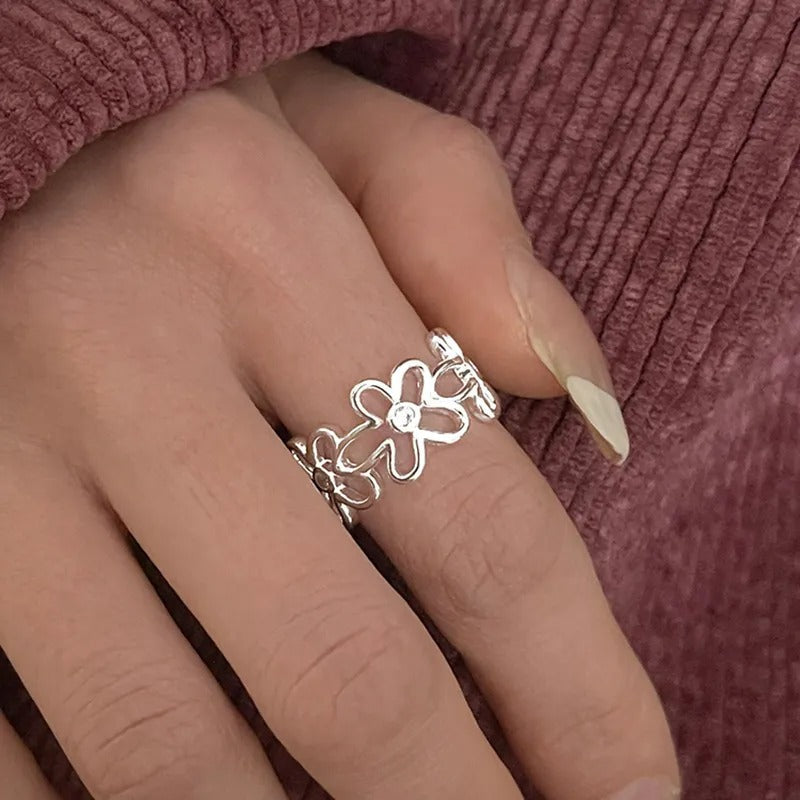 Verstellbarer Vintage 925 Silberring mit Blumen