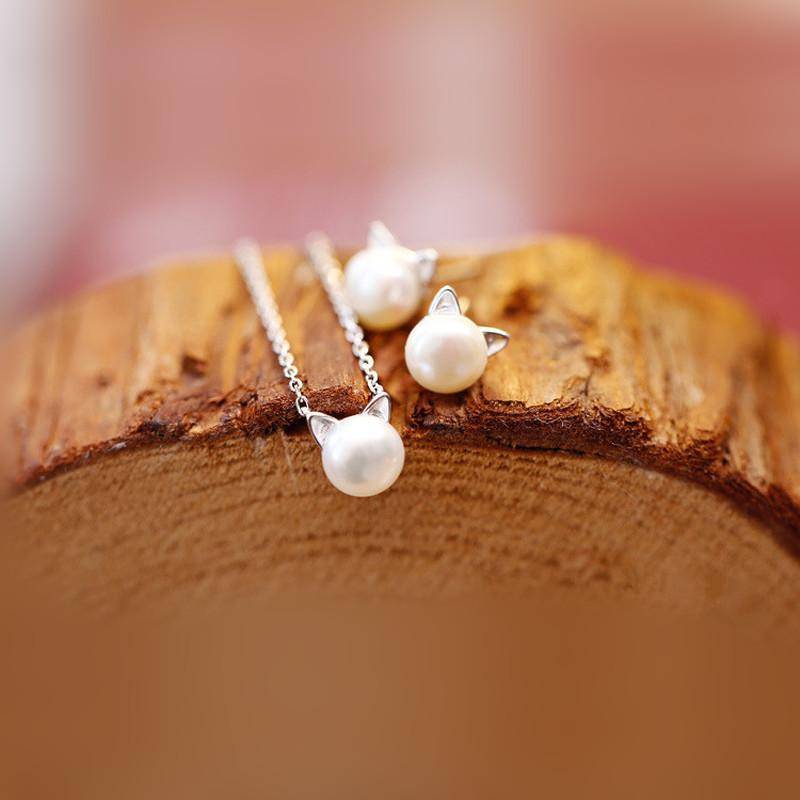 Schöne Perlen Katzen Halskette mit Ohrringen Geschenk + Ring