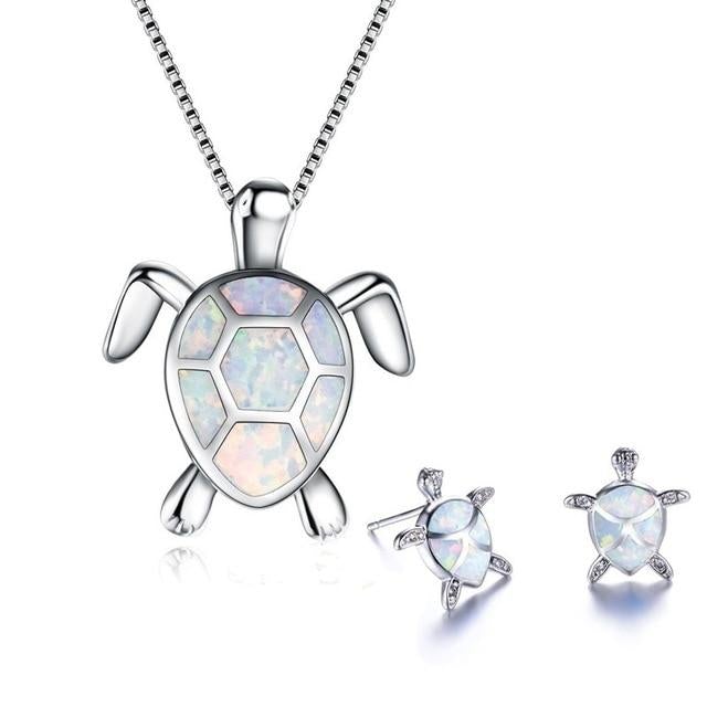 Schildkröten Meer Opal und Silber Halskette + Ohrringe Set